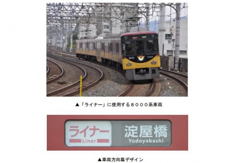 「ライナー」使用車両と方向幕デザイン（京阪電鉄ニュースリリースより）